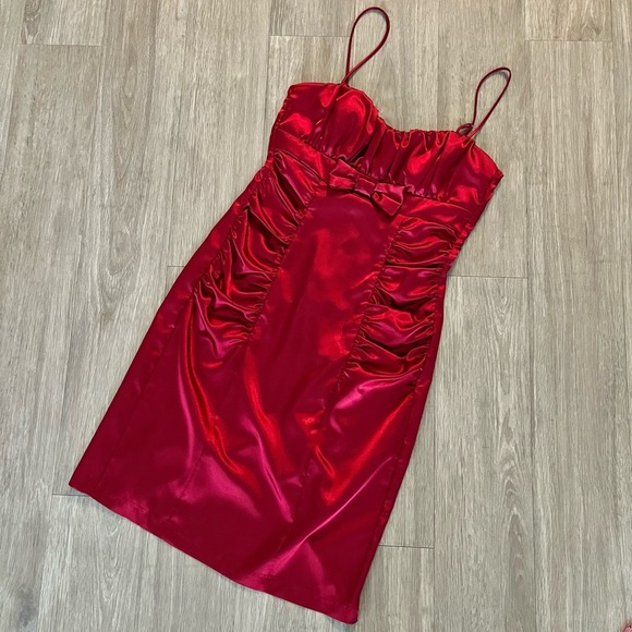 Y2K Vintage Burgundy Red Satin Bow Knee Length Evening Dress Size 11 - Picture 6 of 9